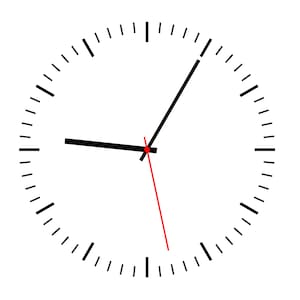 May include: A white clock face with black hour and minute hands and a red second hand. The clock face has black markings for each hour and minute.