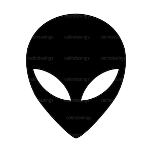 May include: Black and white silhouette of an alien head with large eyes.