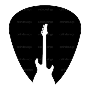 May include: Black and white silhouette of an electric guitar inside a pick shape.