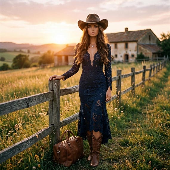 Western Lace Maxi Dress Women, Boho Long Sleeve Dress, Country Wedding Guest Dress, Cowgirl Outfit, Elegant Lace Gown