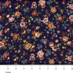 Landelijke bloemen met marineblauwe achtergrond 1e kwaliteit 100% katoenen stof voor naaien, knutselen en quilten