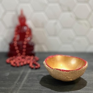 Handmade Concrete Bowl: Gold Interior, Red Trim, Trinket Dish