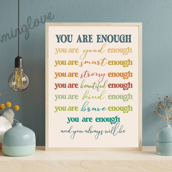 You Are Enough Printable, Inspiration Sprüche, Retro Positive Prints, motivierende Poster, inspirierende Zitate Kunst, inspirierendes Geschenk