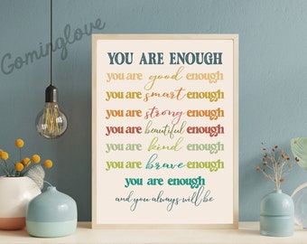 You Are Enough Printable, Inspiration Sayings, Retro Positive Prints, Motivational Posters, Inspirational Quotes Art, Inspirational Present