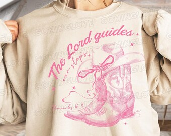 Der Herr führt unsere Schritte, Retro Christian Cowgirl Stiefel T-Shirt Design (digitaler Download)
