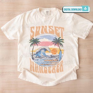 May include: Cream-coloured t-shirt with a retro sunset design featuring palm trees, a wave, and a surfboard. The text "Sunset Wanderer" is arched above and below the central image. The shirt is a digital download.