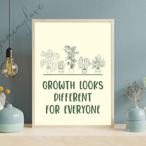 May include: A beige printable wall art print with a line drawing of five potted plants and the text "GROWTH LOOKS DIFFERENT FOR EVERYONE".