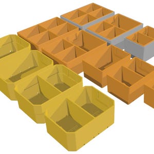 May include: An assortment of yellow, orange, and gray plastic storage bins. Some bins are divided into compartments, while others are single containers. The bins are arranged in a grid-like pattern, suitable for organizing items.