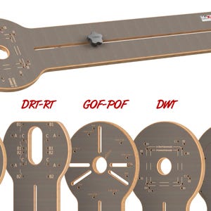 May include: A wooden woodworking jig with a long, rectangular base and a circular end. The jig has a sliding mechanism and a black handle. Below are five interchangeable circular plates labeled GKF, DRT-RT, GOF-POF, DWT, and OF.