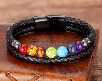 7 Chakra Bracelet | Natural Chakra Bead Stone Men's Women's Leather Bracelet | Summer Natural Chakra Bracelet | Gifts For Men And Women