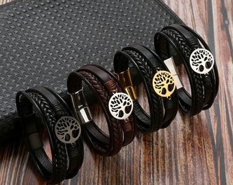 Pulsera de cuero árbol de la vida / regalos de acero inoxidable para hombres, pulsera de encanto / pulsera de amistad de cuero para hombres, regalo para él, pulsera de hombres