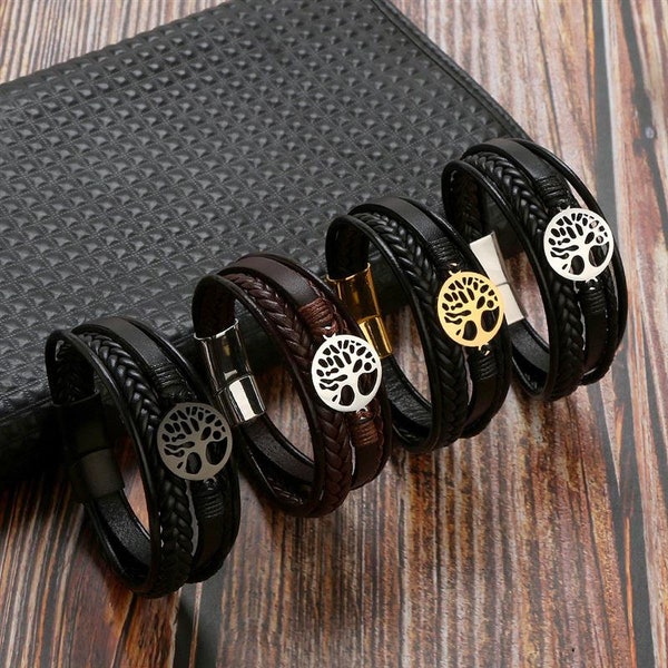 Pulsera de cuero árbol de la vida / regalos de acero inoxidable para hombres, pulsera de encanto / pulsera de amistad de cuero para hombres, regalo para él, pulsera de hombres