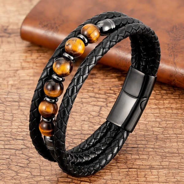 Bracelet en cuir oeil de tigre | Bracelet magnétique pour homme en acier inoxydable avec pierre de lave | Cadeaux bracelets pour hommes | Bracelet homme en cuir avec perles