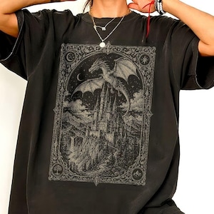 Vintage Dragon Castle Shirt, Gothic Fantasy Dragon Tee, Medieval Castle Celestial Art Graphic T-Shirt