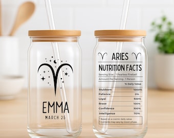 Personalized Zodiac Sipper glass with Name,Nutrition Facts Glass Tumbler,Astrology Cup, Taurus Birthday Constellation Astrology Gift For Her