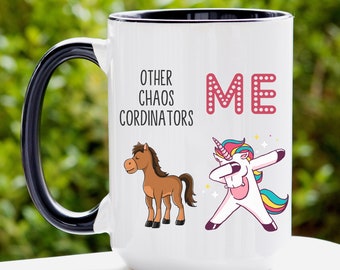Chaos Coordinator Gift Mug, Chaos Coordinator Unicorn Mug, despedida, taza de nombre personalizado, regalos de cumpleaños, regalo de agradecimiento, taza de coordenadas del caos