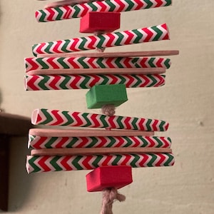 Green & Red Jingling Fun Shredder Bird Toy - Paper Straws, Craft Sticks, and Hemp Cord - USA Seller