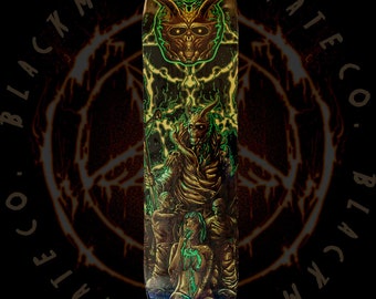 May include: A black and green skateboard deck with a graphic of a demon with horns and a skull face. The demon is surrounded by green lightning bolts and a pentagram. The text "Black Magic Skate Co." is printed at the bottom of the deck.