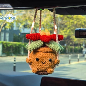 Crochet Poinsettia Plant Car Hanging, Christmas Amigurumi Car Mirror Hanging, Christmas Car Accessories, Plant Lover Gift, Christmas Gifts