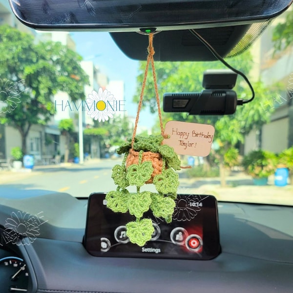 Personalized Car Plant Hanging, Custom Name Tag Crochet Monstera Plant Car Mirror Hanging, Car Accessories for Women