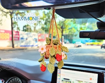 Crochet Strawberry Plant Car Hanging: Handmade Rear View Mirror Decor