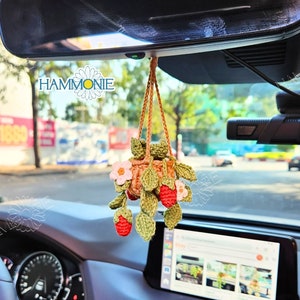 May include: A crocheted hanging planter with a brown pot and green leaves. The planter is filled with red strawberries and a pink flower. The planter is hanging from the rearview mirror of a car.