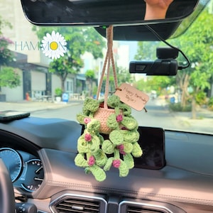 Crochet Succulent Car Hanging, Car Accessories for Women, Plant Pot Crochet Car Hanging, Rear View Mirror Ornament, Plant Lover Gift