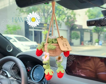 Personalized Crochet Strawberry Plant Car Hanging, Crochet Car Decor, Car Accessories for Women, Plant Lover Gift, Personalized Gift