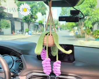 Crochet Lavender Plant, Crochet Lavender Pot Car Hanging, Car Accessories for Women, Crochet Plant Car Decor, Car Mirror Hanging