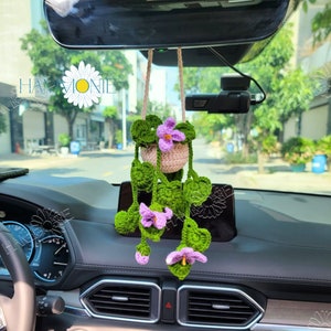 Crochet Violet Car Plant Hanging, Crochet Flowers Pot Car Hanging, Car Plant Decor, Car Accessories for Women, Plant Lover Gift, Mum Plant