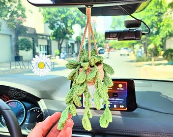 Plantas suculentas de ganchillo, Accesorios minimalistas para automóviles, Accesorios para automóviles para mujeres, Adorno de espejo trasero de automóvil, Decoración suculenta de ganchillo Dischidia