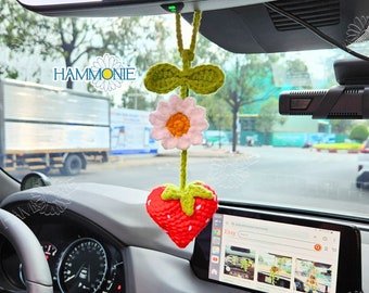 Crochet Strawberry Daisy Car Mirror Hanging: Plant Lover Gift