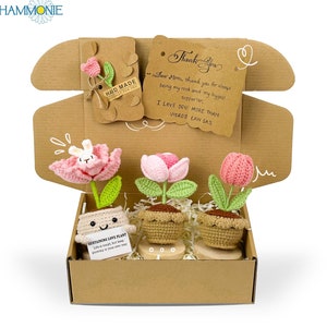 Gehäkelte Tulpe Geschenkbox mit süßer handgemachter Karte, Häkelblumenset, Geschenkbox für Lehrer/Geburtstag/Mama/Jahrestag/Beste Freundin/Brautjungfer