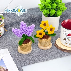 Peut inclure: Deux plantes en pot crochetées. Une plante a des fleurs violettes et des feuilles vertes. L'autre plante a des fleurs jaunes. Les deux plantes sont dans des pots bruns et sont posées sur une surface en bois.