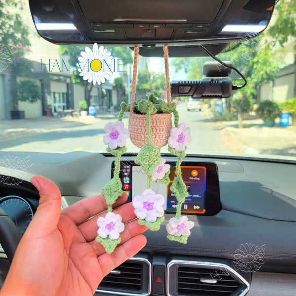 Crochet Daisy Plant Car Hanging, Crochet Daisy Flower Pot Plant, Car Accessories for Women, Car Mirror Hanging Accessories