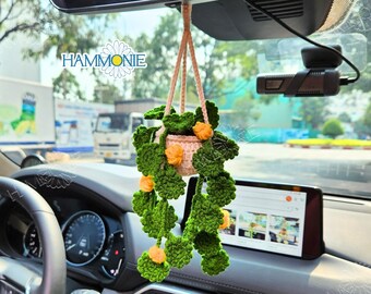 Crochet Coin Plant Car Mirror Hanging with Custom Tag, Car Accessories for Women, Personalized Crochet Gift for Mom,Knitted Flower Plant Pot