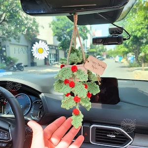 Christmas Crochet Holly Plant Car Hanging, Car Accessories For Women, Cute Car Decor, Xmas Car Ornaments, Christmas Gift, Plant Lover Gift