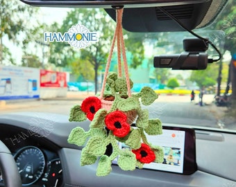 Crochet Poppy Plant Car Hanging with Personalized Tag, Car Accessories for Women, Knitted Flower Plant Pot Car Decor, Plant Lover Gift