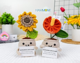 Handmade Crochet Sunflower/Anthurium Plant Pot with Custom Tag, Knitted Flowers Personalized Gift for Mom/Teacher/Graduation,PlantLover Gift