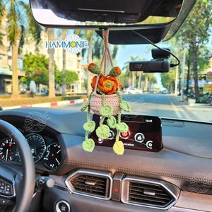 Crochet Flowers Pot Plant Hanging, Tiny Crochet Plant Car Mirror Hanging, Car Accessories for Women, Plant Lover Gift, Crochet Gift for Mom
