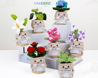 Vaso di fiori personalizzato all'uncinetto, regalo di piante con più fiori lavorati a maglia con divertente etichetta personalizzata, regali divertenti per mamma/papà/nonna/sorella/collega
