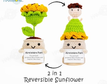 2 In 1 Reversible Crochet Sunflower Pot/ Women Floral, Knitted Flower Potted Plant with Custom Tag, Plant Gift for Mom/Grandma/Mother's Day