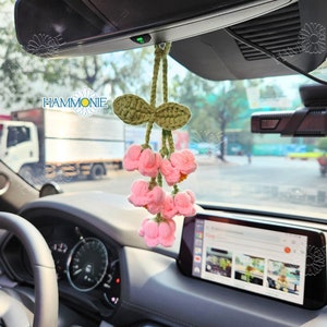 Crochet Lily of The Valley Flowers String Car Hanging, Knitted Plant Car Decor, Cute Car Accessories, Plant Lover Gift, Gift for Mom/Dad/Her