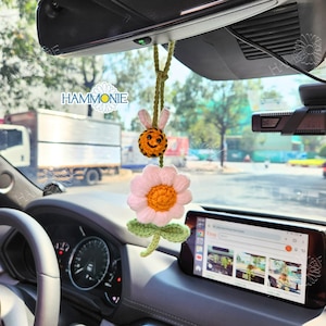 Crochet Daisy Car Mirror Hanging, Crochet Car Accessories for Women, Crochet Flowers String for Car Decor/Bag Decor, Plant Lover Gift
