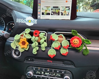 Crochet Plant Pot Car Vent Clip, Crochet Sunflower & Poppy Plant for Car Air Freshener Decor, Cute Car Accessories, Knitted Plant Vent Clip