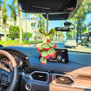 May include: A crocheted green and red snail car charm hanging from the rear view mirror of a car. The car's dashboard is visible in the background.