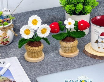 Décoration d'intérieur en pot de mini fleurs au crochet, décoration de bureau en pot de fleurs de marguerite et de fraises au crochet, cadeaux pour elle/enfant/collègues
