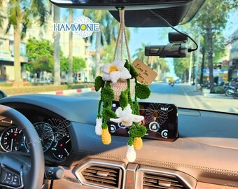 Crochet Lily Flower Plant Hanging Car Accessories, Handmade Crochet Succulent Plant Car Decor, Knitted Plant Lover Gift