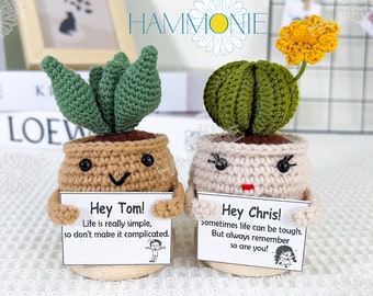 Crochet Mini Succulent Plant with Positive Tag, Crochet Cactus Plant Pot Desk Ornaments, Plant Lover Gift, Gift for Her, Gift for Mom