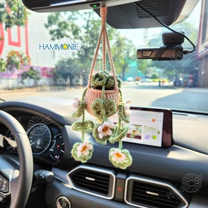 Crochet Daisy Plant, Crochet Plant Car Hanging, Car Plant Decor, Car Accessories for Women, Crochet Succulent Plant, Plant Lover Gift